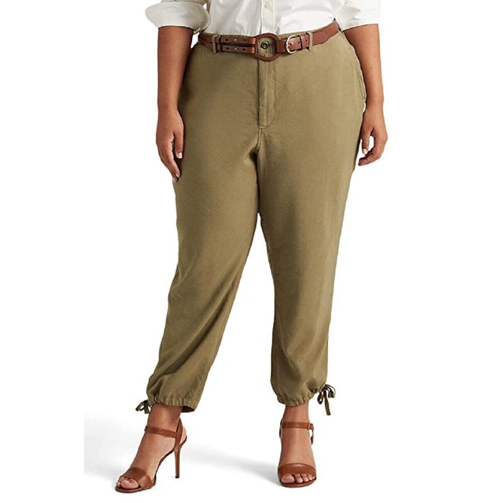 Lauren Ralph Lauren Twill Tapered Ankle Pant in Olive Fern Plus Size 16